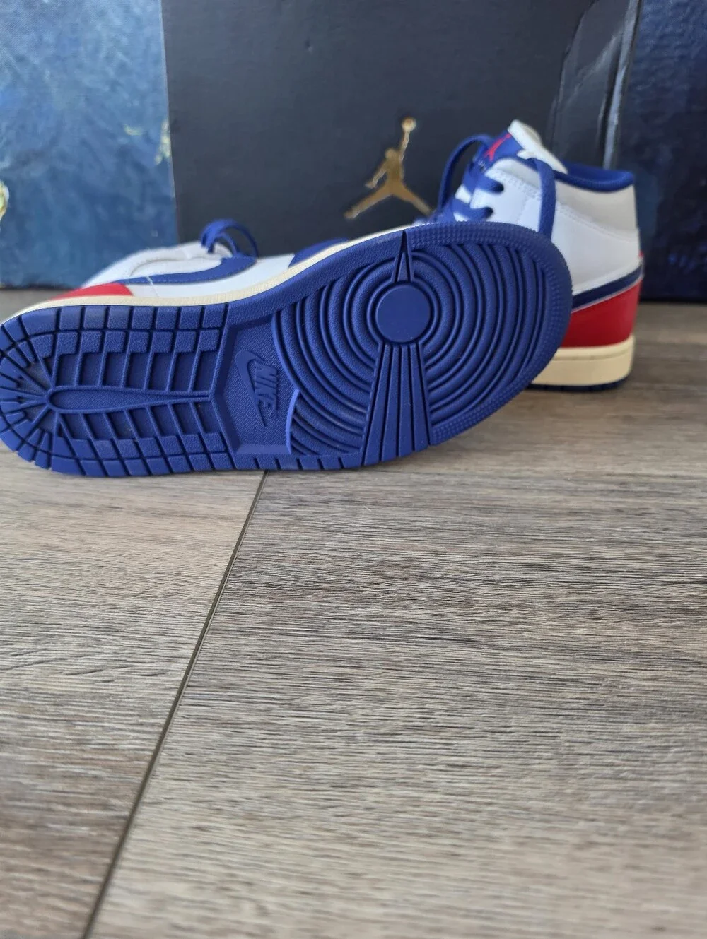 Jordan Men’s Mid Sneakers in White, Blue & Red